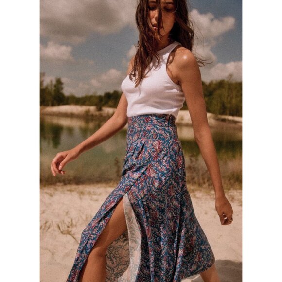 Like New Sezane Alicia Paisley Midi Skirt Ranch Marine 38, 6 - Picture 2 of 9